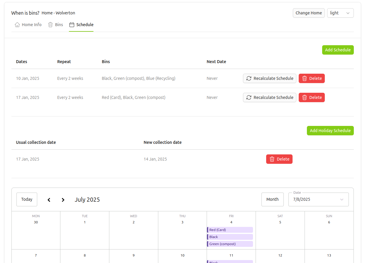 Bin Schedule