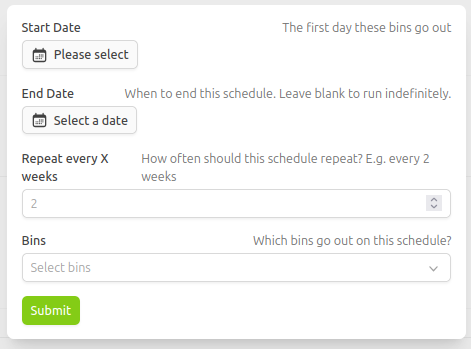 Bin Schedule Form